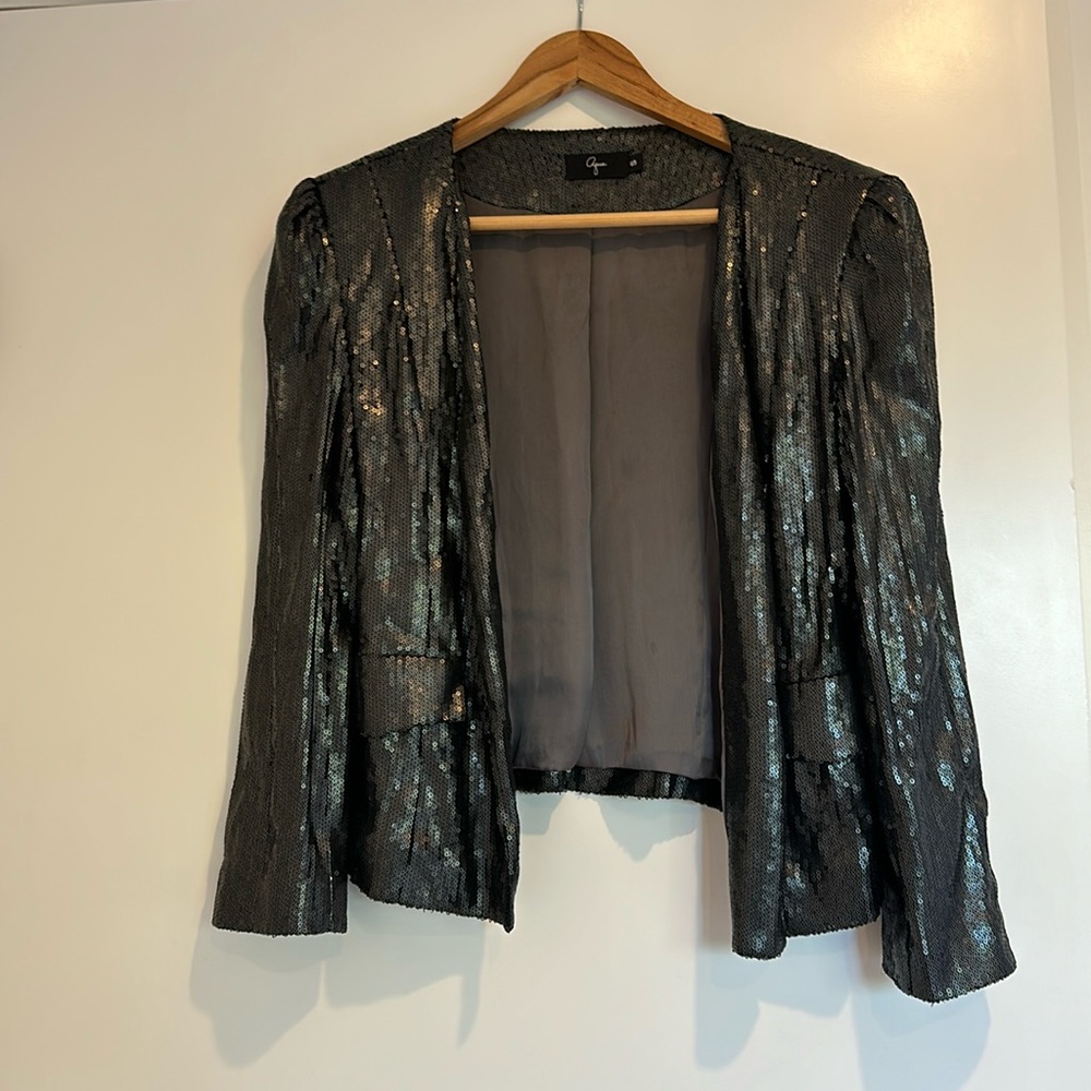 Aqua cropped blazer. Black sequin. Size S